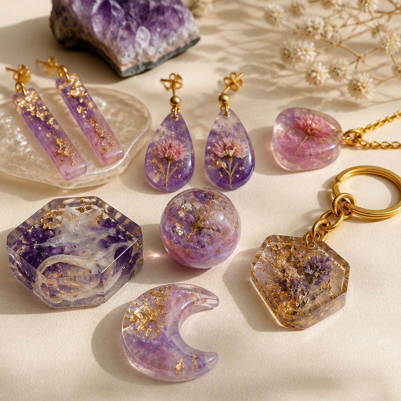 Colección de piezas artesanales terminadas en resina violeta y rosa
