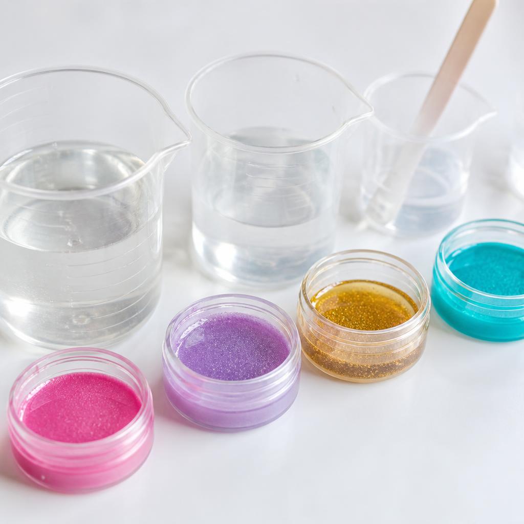 Recipientes transparentes de medición con resina y pigmentos de colores organizados