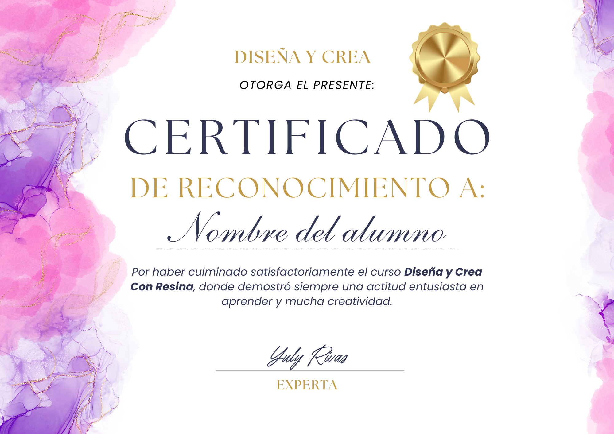 Certificado de finalización del curso Diseña y Crea con Resina