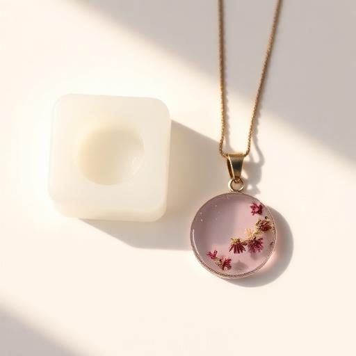 Molde de silicona junto a una pieza de resina terminada