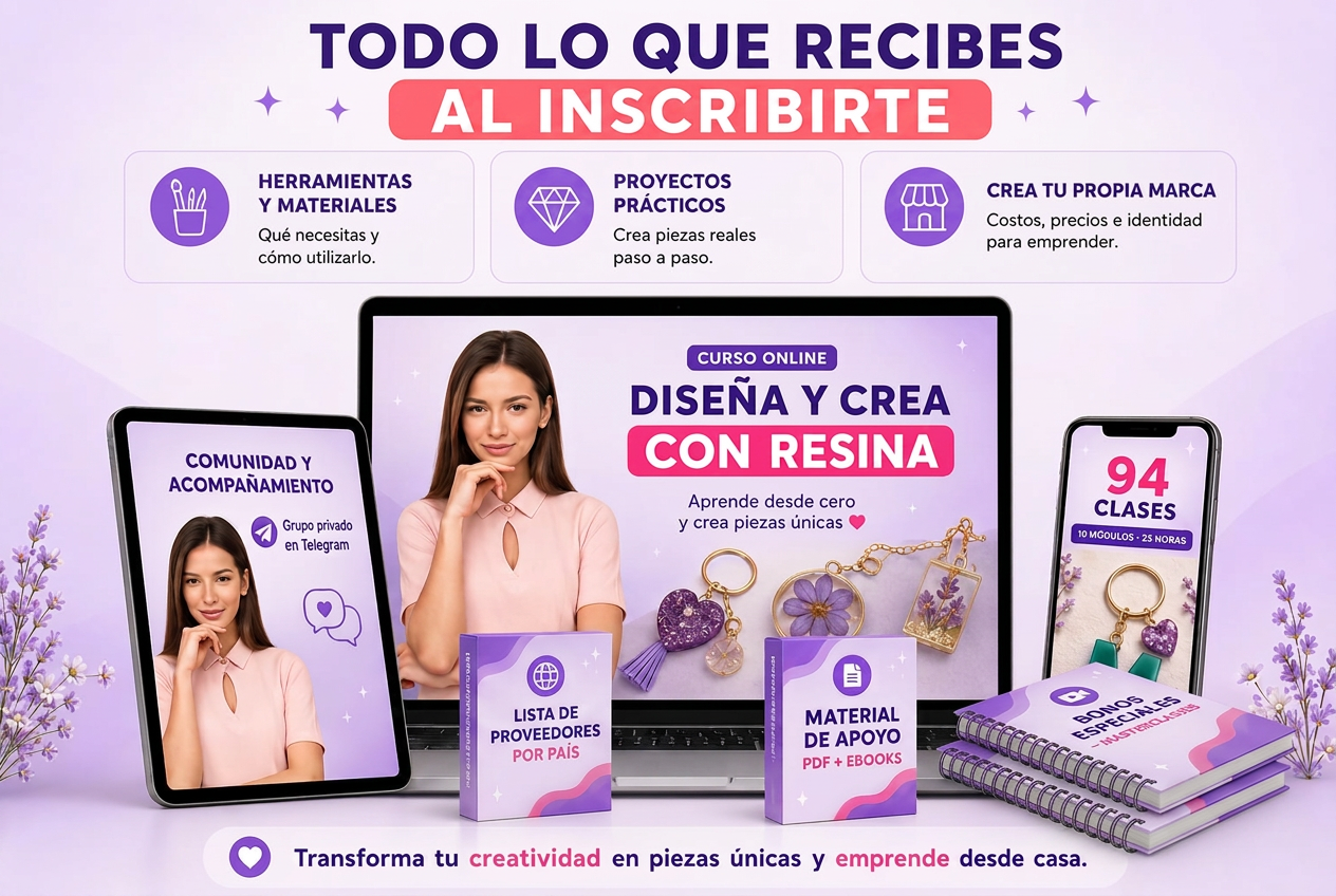 Todo lo que recibes al inscribirte: curso en laptop, tablet y celular, material de apoyo, lista de proveedores por país y bonos de masterclasses